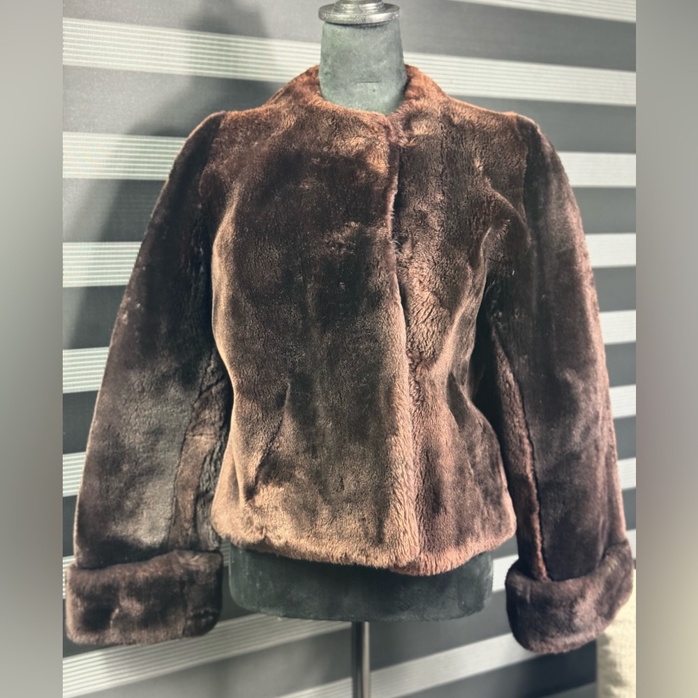 Vintage Short Mink Faux Fur Coat Women’s Brown Satin Lining